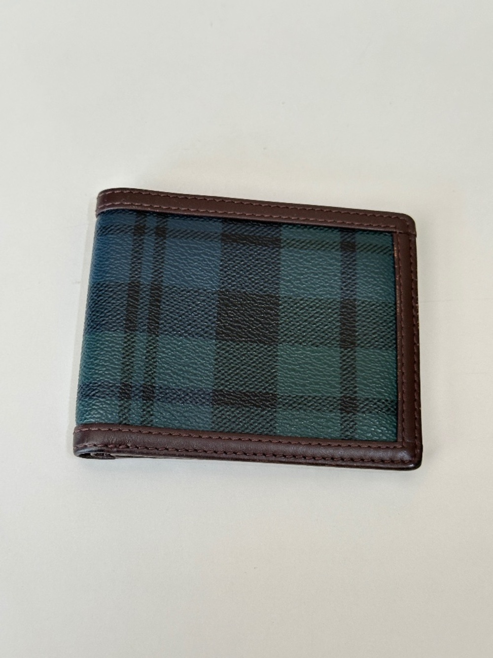 Vintage Polo Ralph Lauren Bifold Wallet Plaid Tartan Canvas Brown Leather